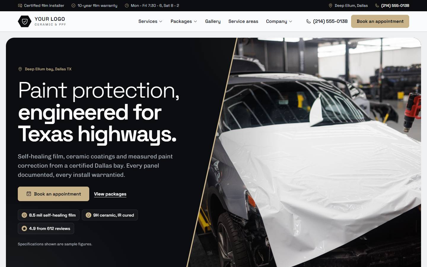 Precision Ceramic & PPF home page on a desktop screen