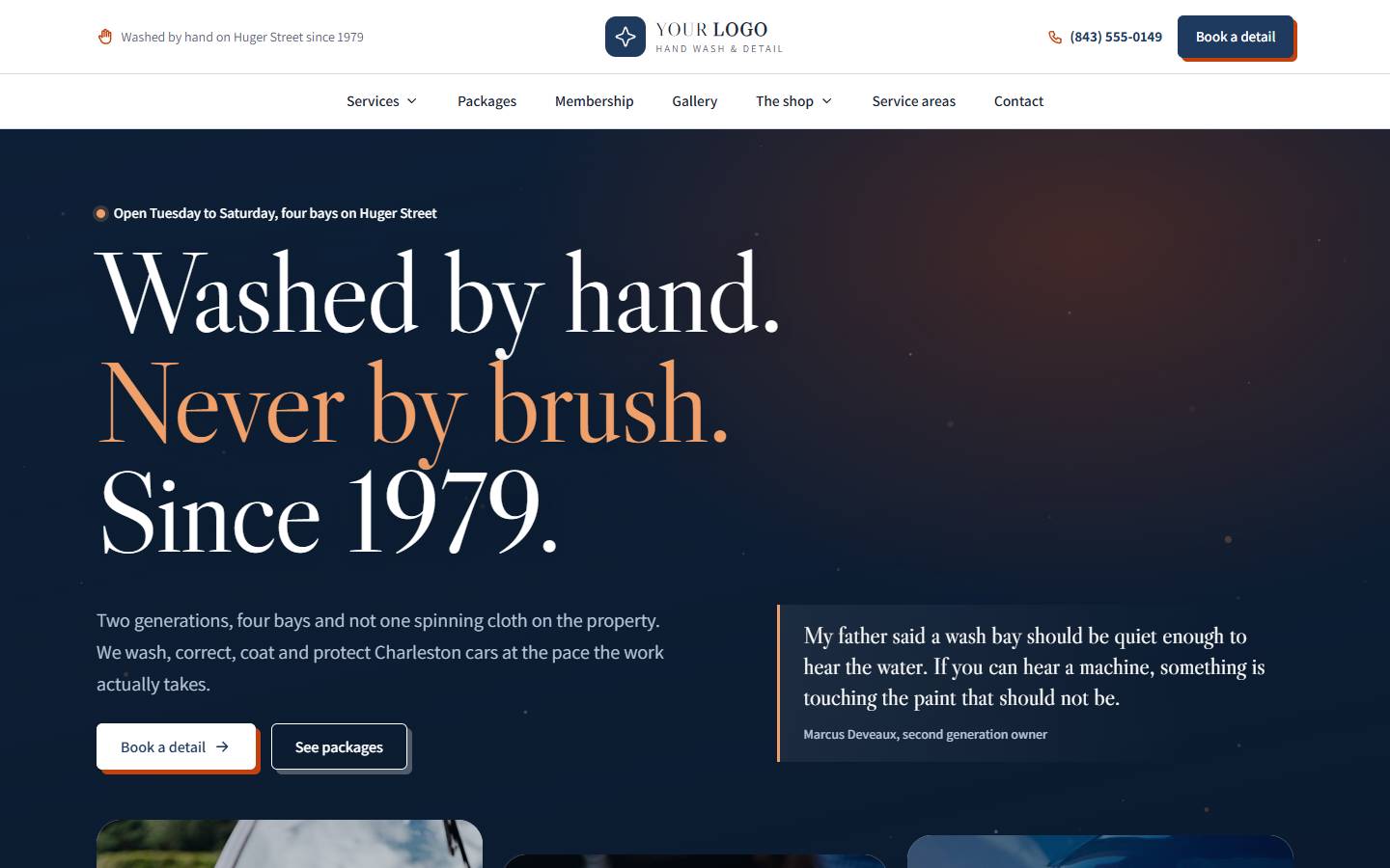 Heritage Hand Wash & Detail home page on a desktop screen