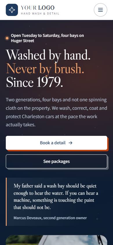 Heritage Hand Wash & Detail home page on a phone