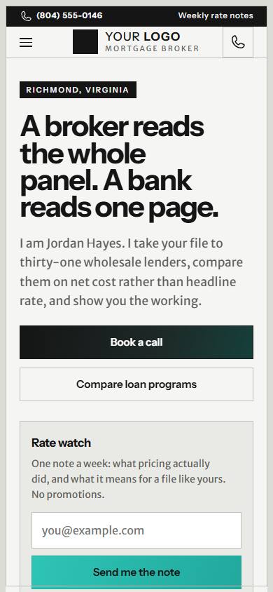 Jordan Hayes Mortgage home page on a phone