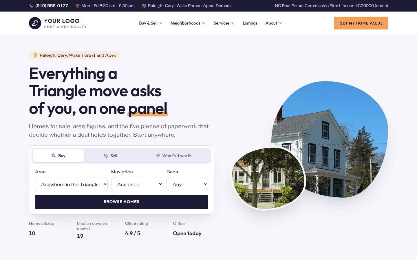 Nest & Key Realty home page on a desktop screen