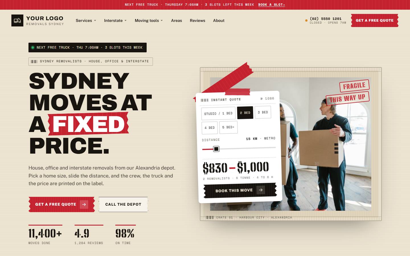 Harbour City Removals home page on a desktop screen